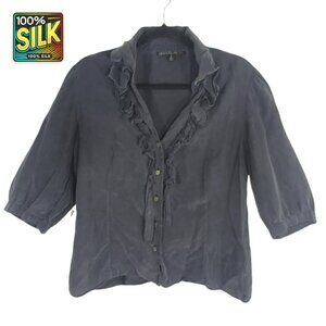 Lafayette 148 New York Women's Ruffle Button Down Blouse, Size 12, Black Silk